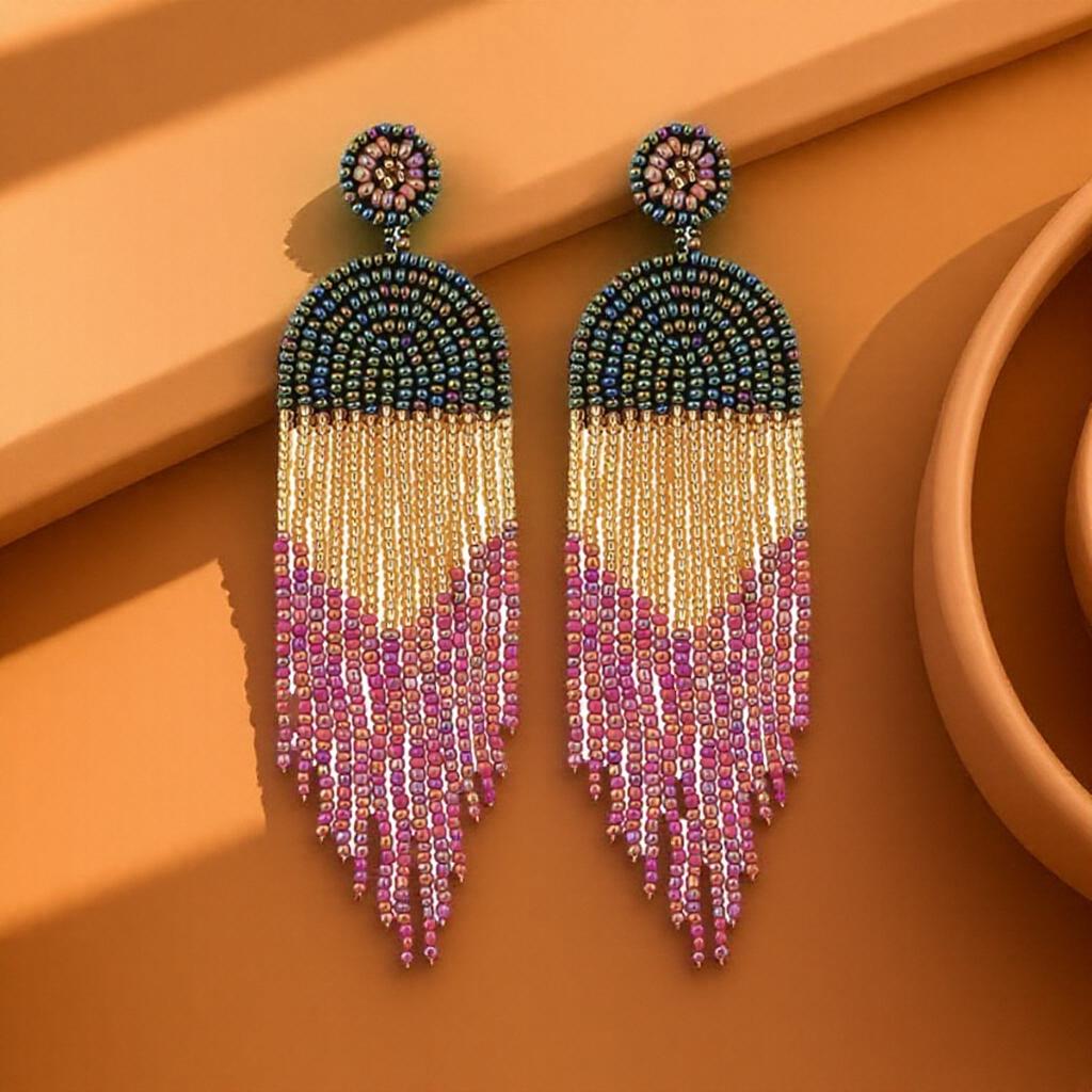 Beaded Tassel Dangle Earrings Long Handmade Bohemian Statement Drop Earrings for Women Fashion Jewelry Gift