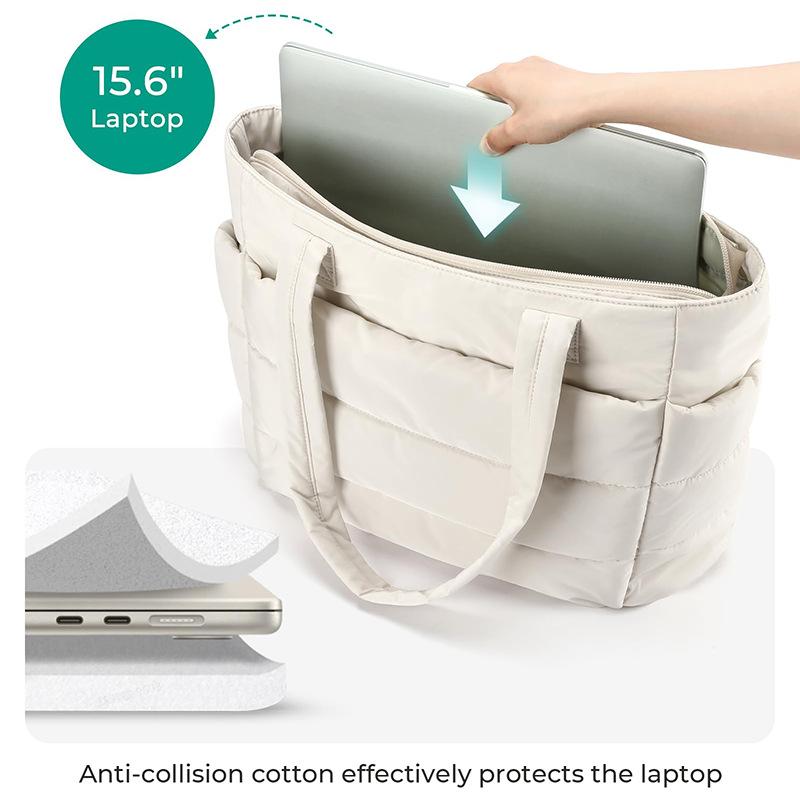 Puffer Tote Bag for Women, Lightweight Shoulder Handbag with Laptop Compartment & Multiple Pockets, Fashion Work Bag