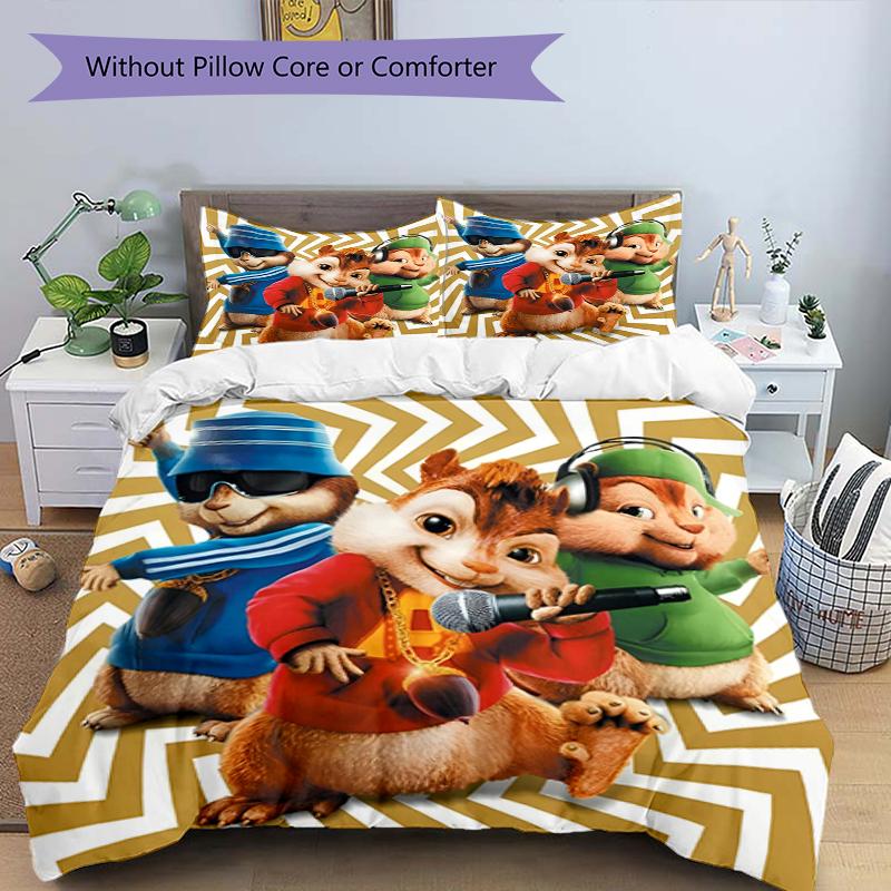 3-teiliges Alvin und die Chipmunks Bettwäsche-Set Bettbezug Verschluss Enthält 1 Bettbezug & 2 Kissenbezüge, Weich und Bequem für Alle Jahreszeiten.