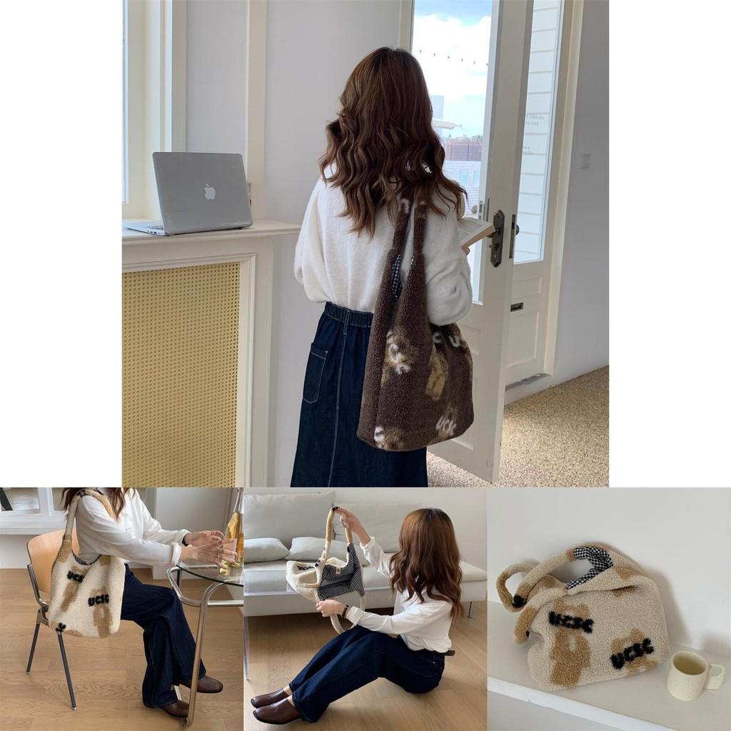 Cute Plush Teddy Bear Large Capacity Shoulder Bag Cozy Lambswool Tote For Girls