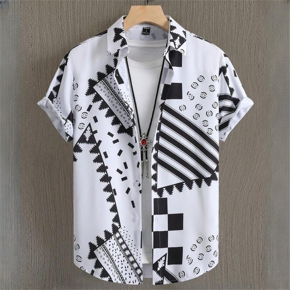 Printed Geometry Men's Shirts Color Block Graphics Fashion Button Short Sleeve Lapel Hawaiian Blouse Shirts for Men Summer
