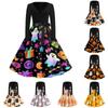 Womens Casual Halloween Print V Neck Vintage Dress Long Sleeve Fit Flare Midi Dress with Waist Tie Retro Style
