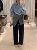 Women's Blue-Gray Plaid Embroidered Lapel Shirt - Korean Style, Relaxed Fit, Soft Brushed, Long Sleeve Layering