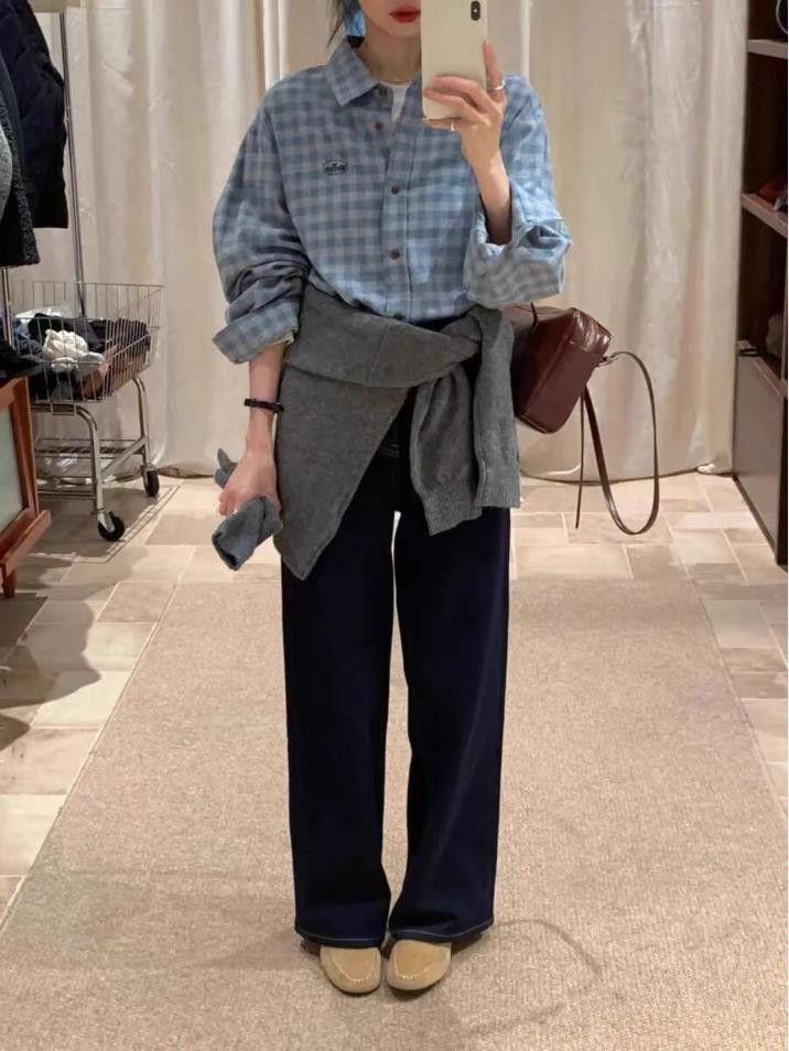 Women's Blue-Gray Plaid Embroidered Lapel Shirt - Korean Style, Relaxed Fit, Soft Brushed, Long Sleeve Layering
