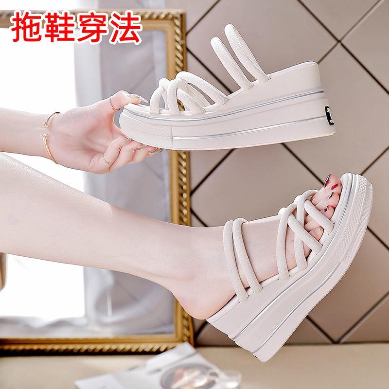Summer new sandals women's small size slippers women's summer new one-word thick-soled two women wearing sandals