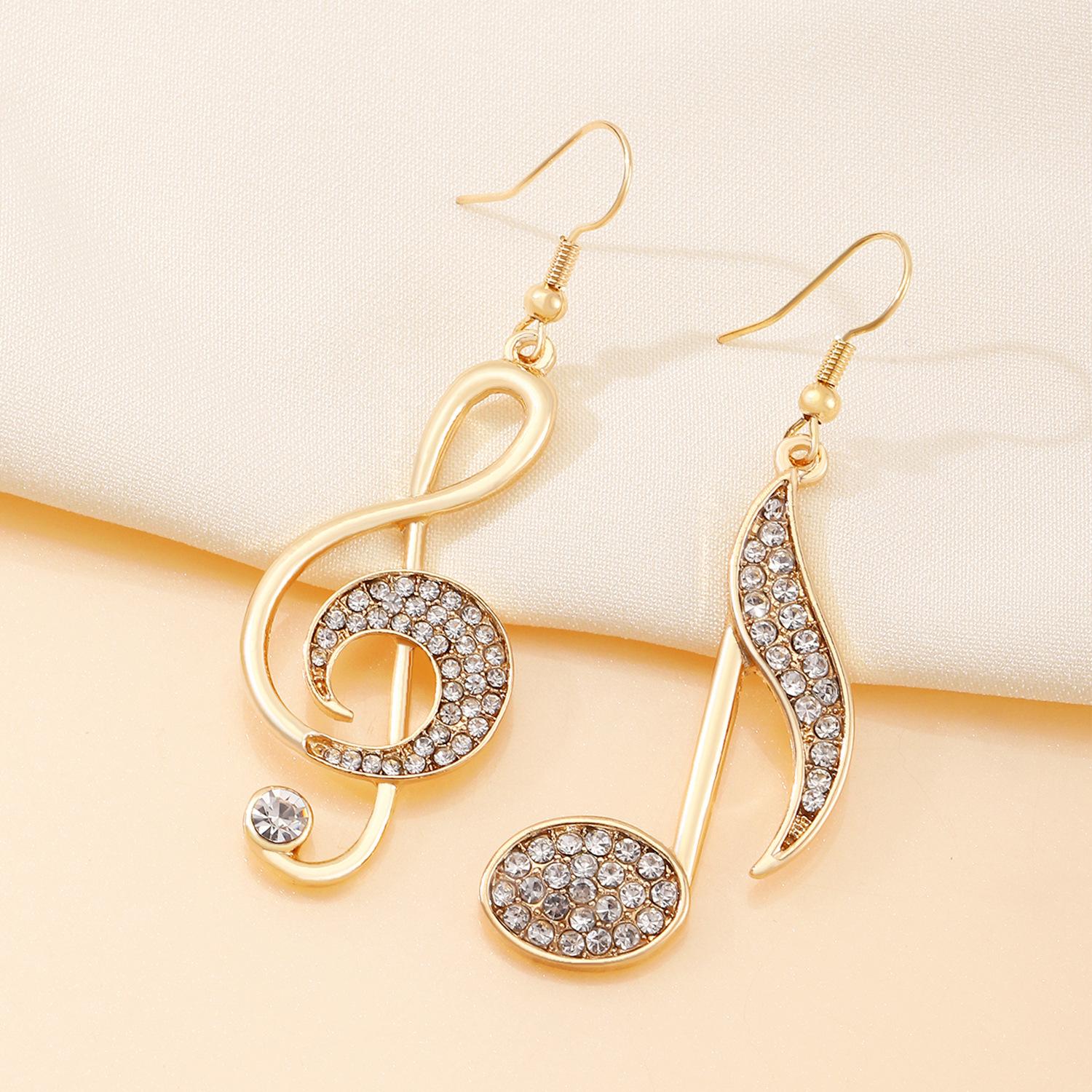 Charm Temperament Gold Color Zircon Musical Note Drop Dangle Earrings for Women Creative Asymmetry Fashion Stud Zircon Party