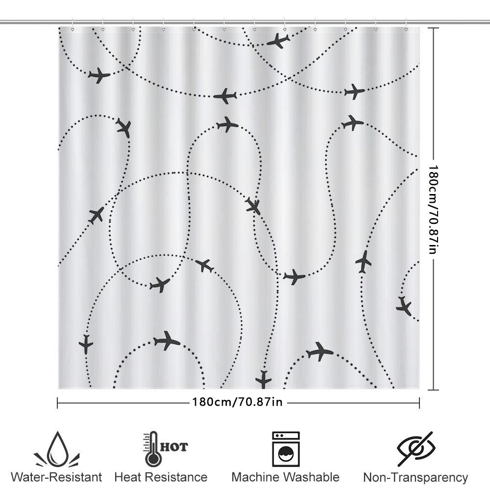 Travel-Themed Shower Curtain Featuring Black Airplanes On A White Background Perfect For Any Bathroom Decor Style!