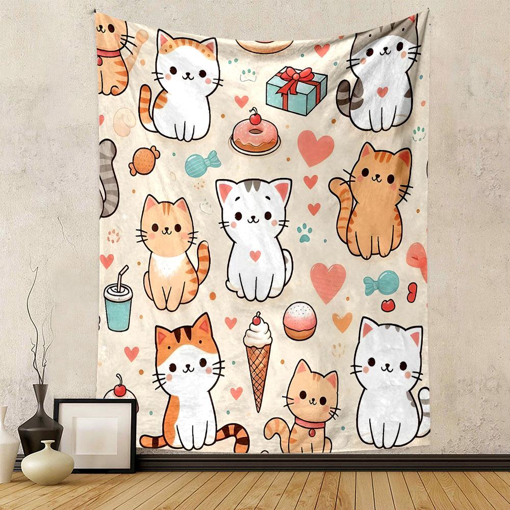 Cute Cats and Sweets Pattern Design Patterned Tapestry Decorative Wall Hanging, Home Bedroom Living Room Decor