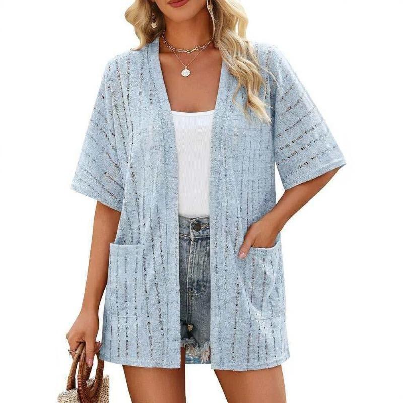 Women Casual Loose Short Sleeve Open Front Pocket Cardigan Sun Protection Outerwear