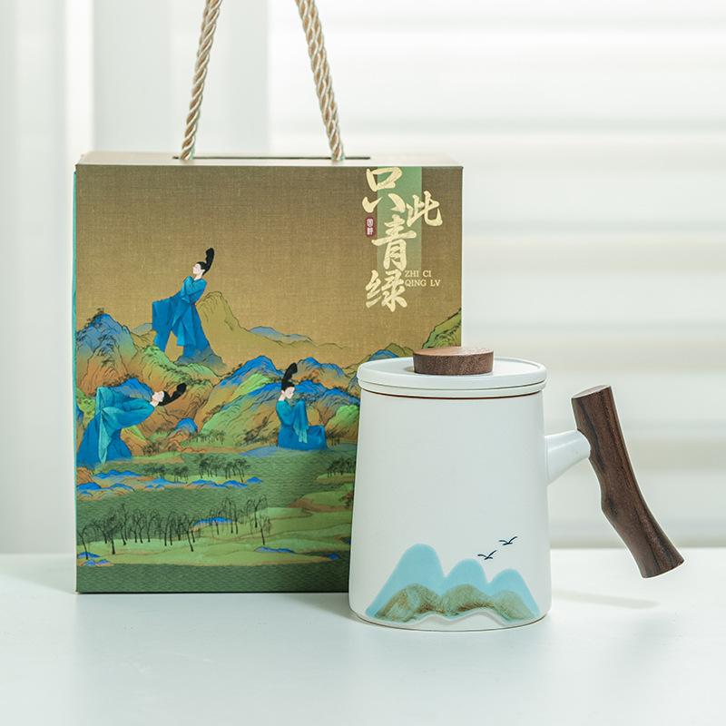 Ceramic Tea Water Separation Tea Cup Office Cup Mug High Value Cup Wooden Handle Water Cup Tea Cup Gift