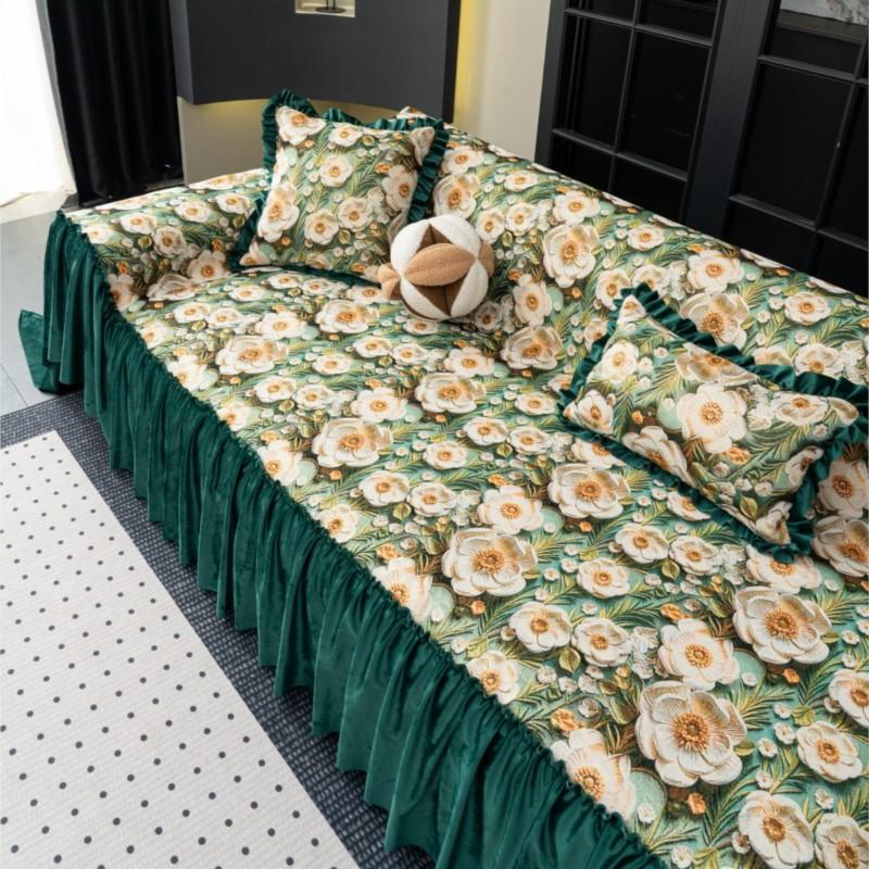 French Ruffled Edge Mat Aesthetic Anti-Slip Cooling Flower Printed Couch Cushion Mats Autumn Universal Chenille Sofa Cover