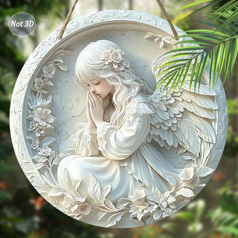 2D Flat White Winged Angel Wooden Wall Art, Angel Prayer Wreath Hanging Decor for Home/Church, Elegant Angel Ornament for Door, Window, or Room