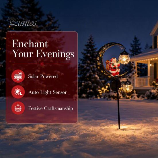 Christmas Pathway Lighting Santa Garden Stake Light, Solar Powered Crescent Moon Lamp, Double Outdoor Festive Ground Stakes Glass Globes, Waterproof