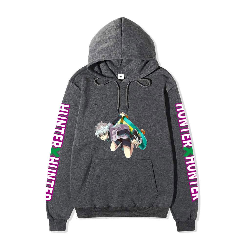 Japanese Manga Hunter X Hunter Street Style Killua with Skateboard Graphic Hoodies Casual Anime Print Hooded Sweatshirts Loose Streetwear Pullover