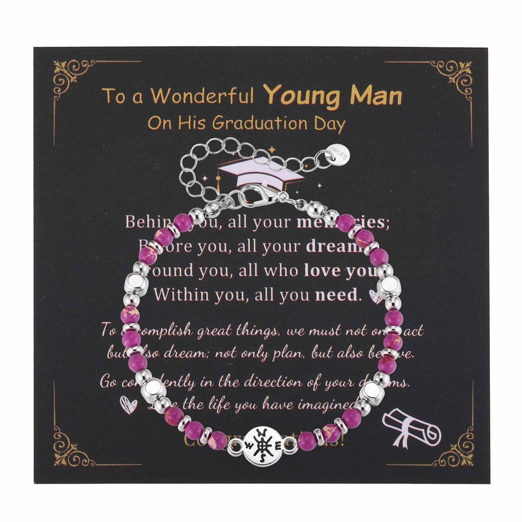 Class of 2026 Gift Compass Natural Stone Bracelet for Women Stainless Steel Beaded Healing Jewelry Waterproof Inspirational Gift