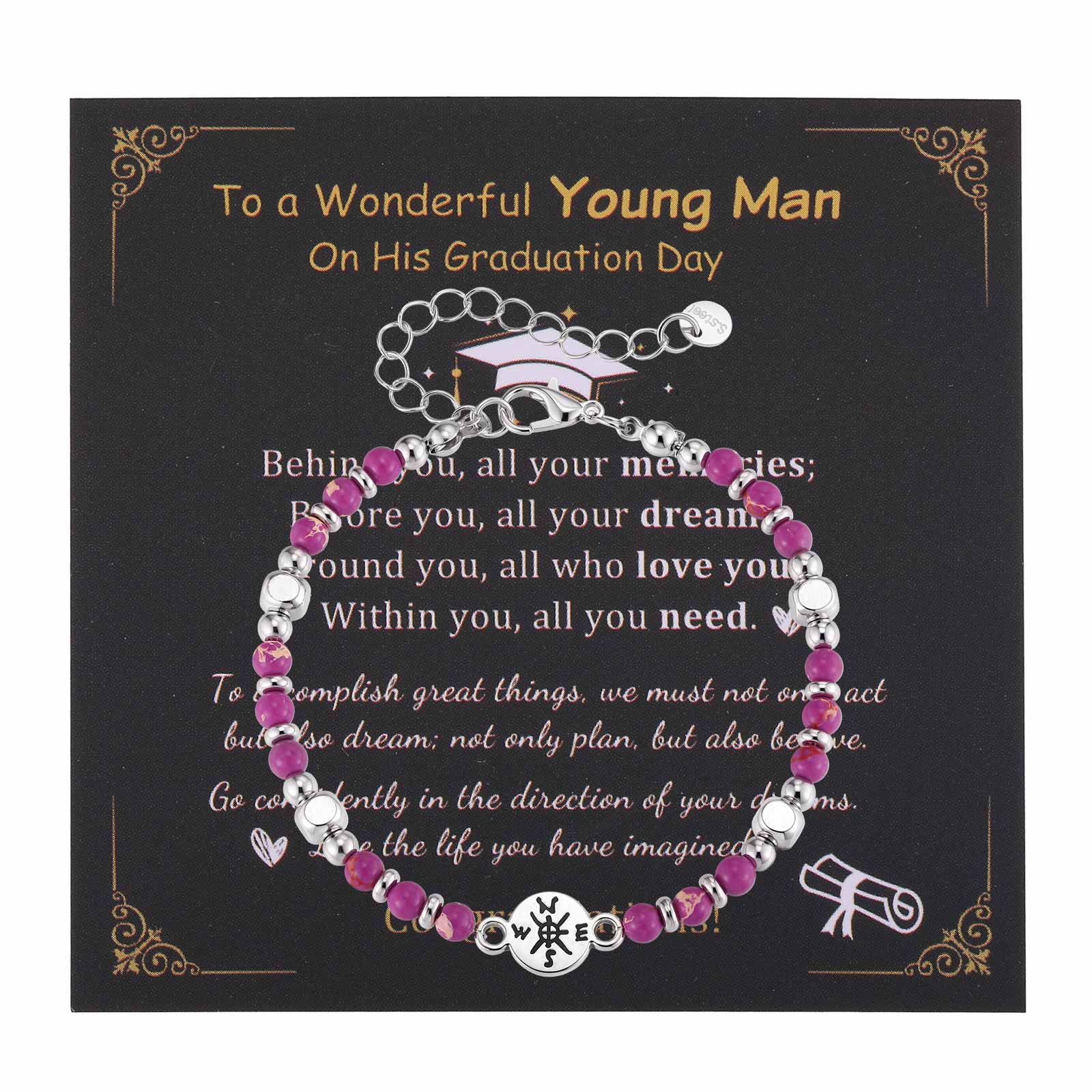 

Class of 2026 Gift Compass Natural Stone Bracelet for Women Stainless Steel Beaded Healing Jewelry Waterproof Inspirational Gift