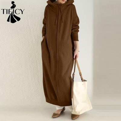 Vestidos casuales holgados con capucha y manga larga con estampado de colores sólidos a la moda para mujer para primavera y otoño