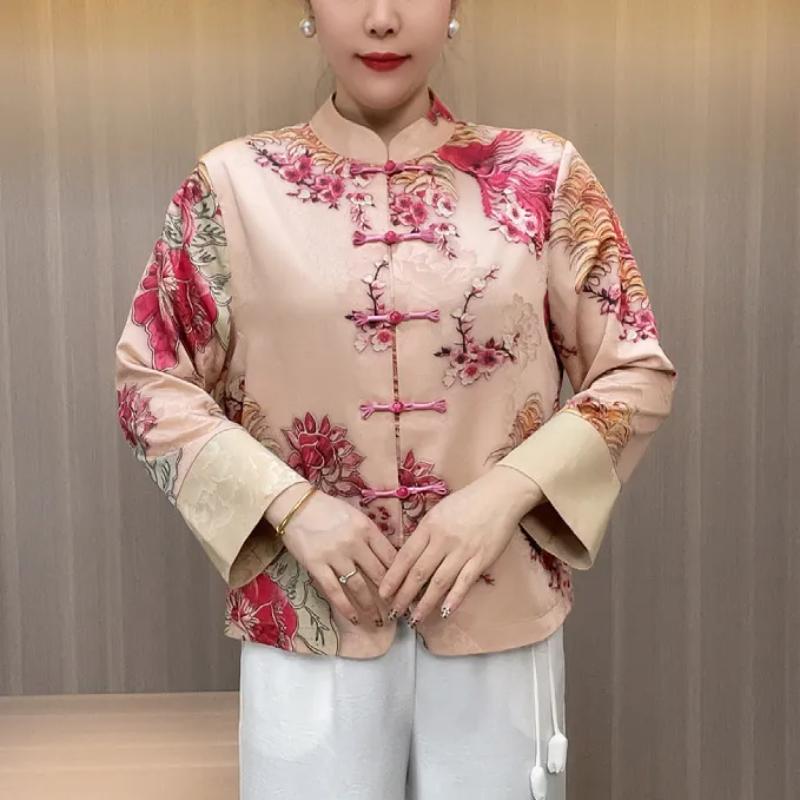 

Stand collar ethnic style button Chinese style long sleeve fashion pullover ladies top XL красный