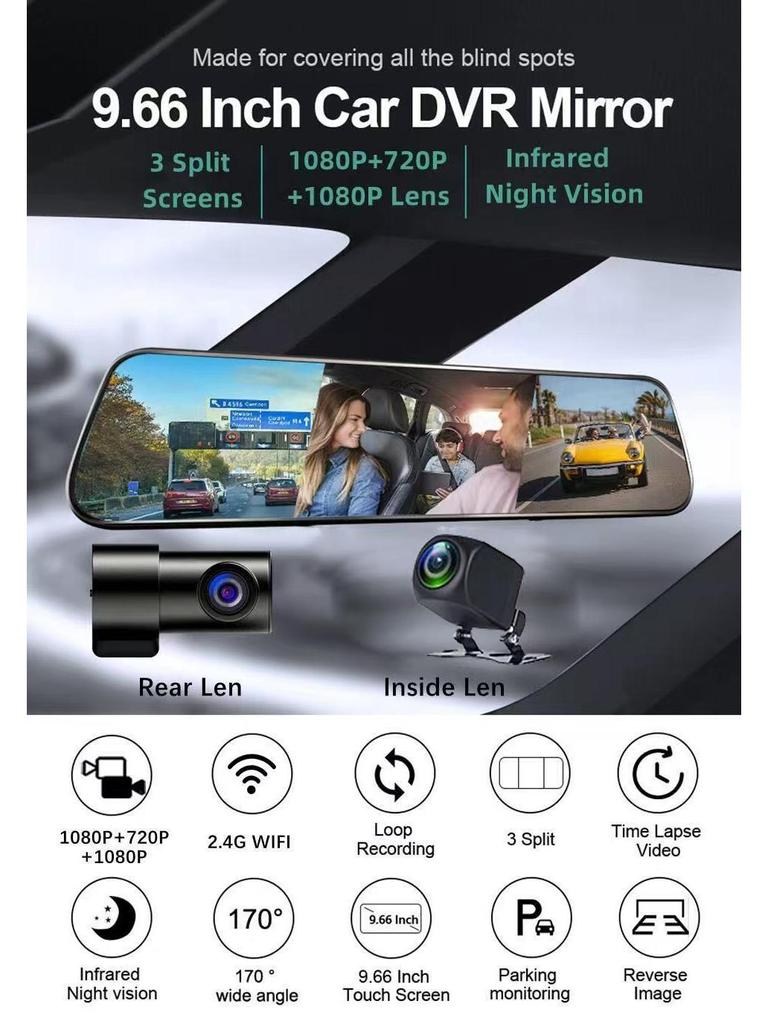10-inch 3-Lens Streaming Rearview Mirror with Front, Rear, and Interior HD Night Vision Driving Recorder.