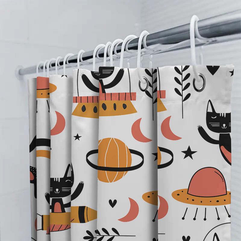 Black Cats Space Shower Curtain For Bathroom Decor Orange Rockets Planets Ufos Cartoon Print Waterproof Fabric Bath Mat Set With