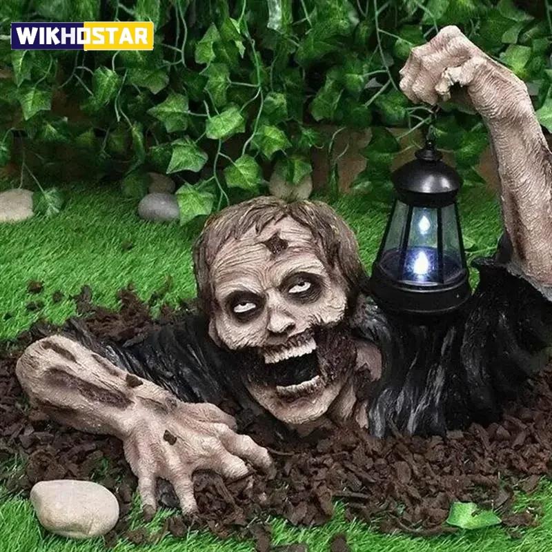 1pc Halloween Zombie Crawling Horror Decor, Scary Led Lights Zombie Holding Lantern Outdoor Figurine Light