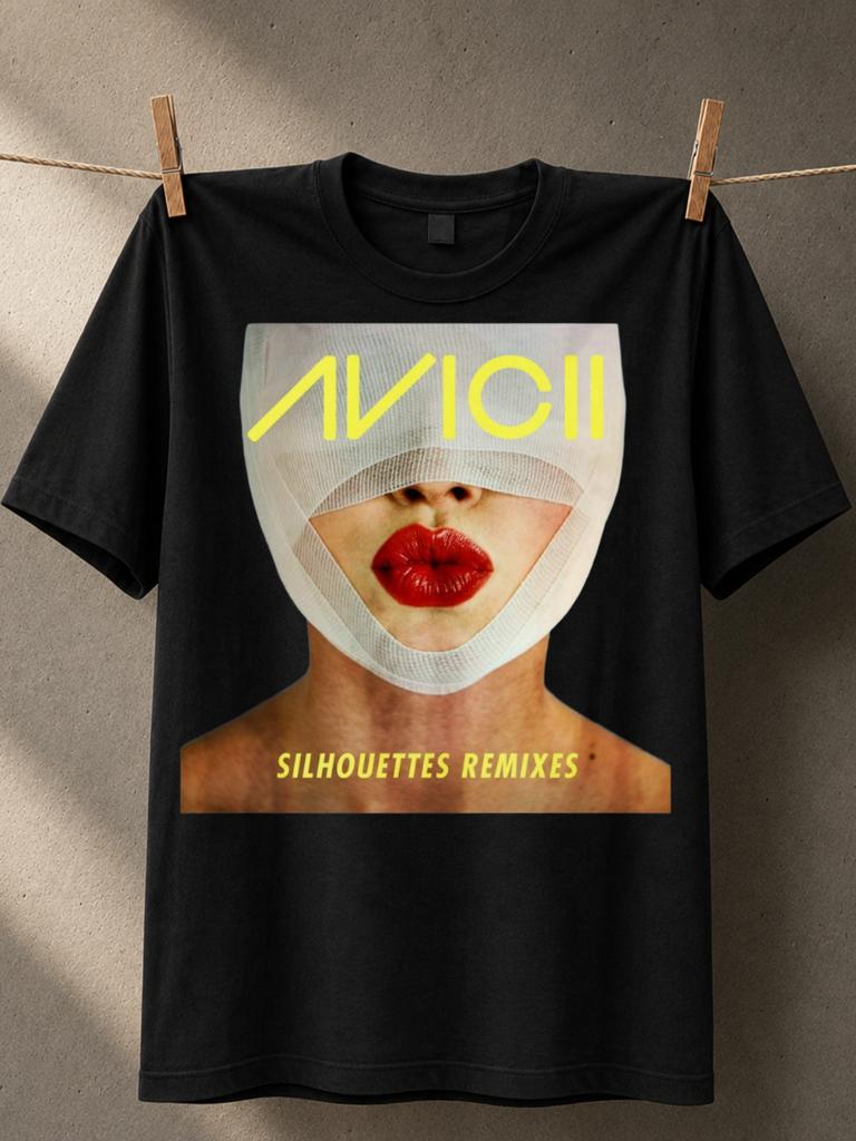 Avicii Silhouettes Remixes Ed Lips Portrait With Yellow Logo Text And Sk Electronic Remix Mood Unisex All Tshirt