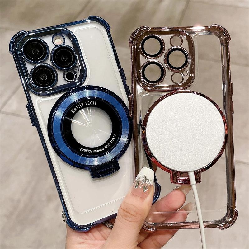 Luxury Plating Magsafe Magnetic Holder Stand Clean Phone Case For iPhone 11 12 13 14 15 Pro Max Bumper Protector On 15Plus Cover