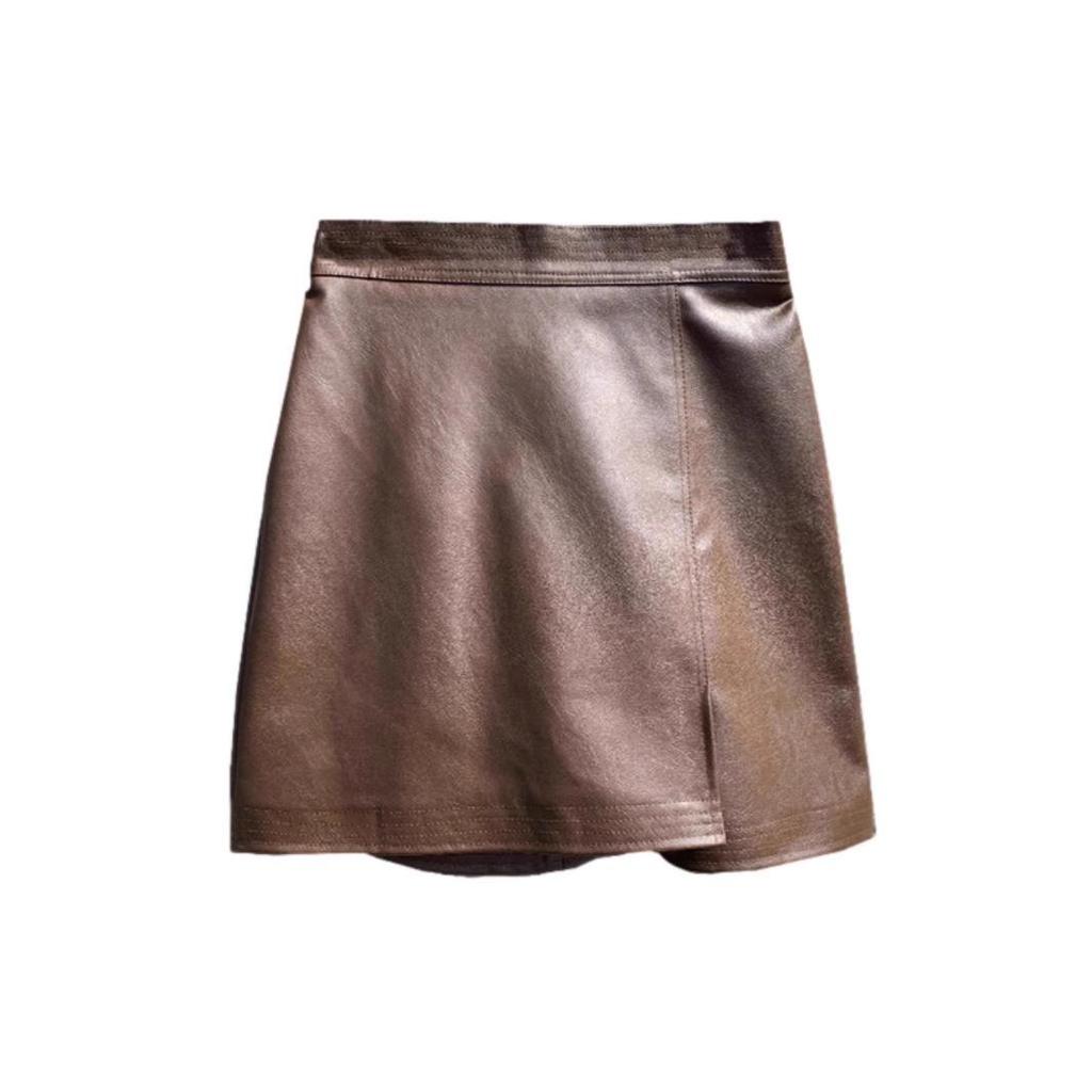 Damen A-Linien Minirock aus PU-Leder mit hoher Taille, Kaffeefarben, Herbst/Winter 2024