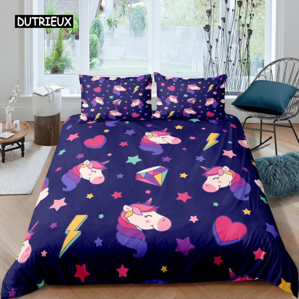 Duvet Cover Pink Rainbow Unicorn Comforter Cover Set for Women Girls Kid Baby Birthday Bedroom Decoration Lovely Cartoon Animal