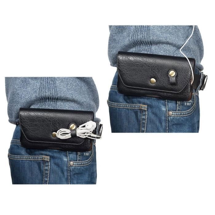 Clip de Ceinture Horizontale en Cuir - CELKON - A200 - Noir - Fermeture Magnétique - Porte-écouteurs