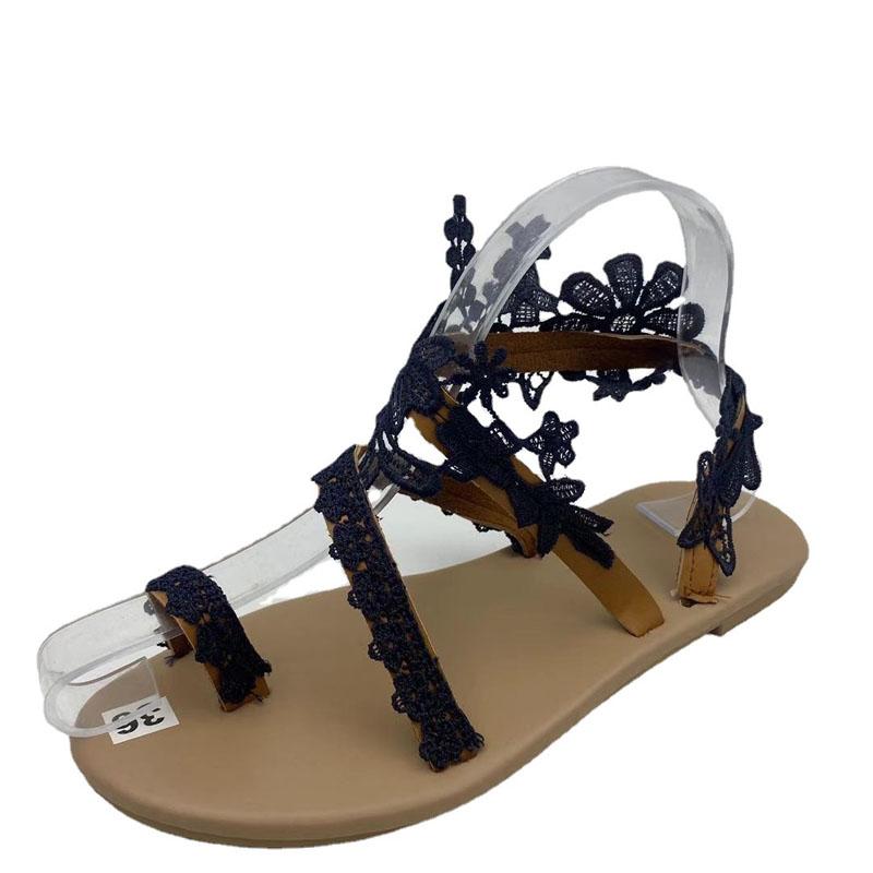 2025 Women Flat Shoes Summer New Lace Flower Sandals Open Toe Bresthable Flat Beach Shoes Women Floral Roman Slippers WSH3628-1