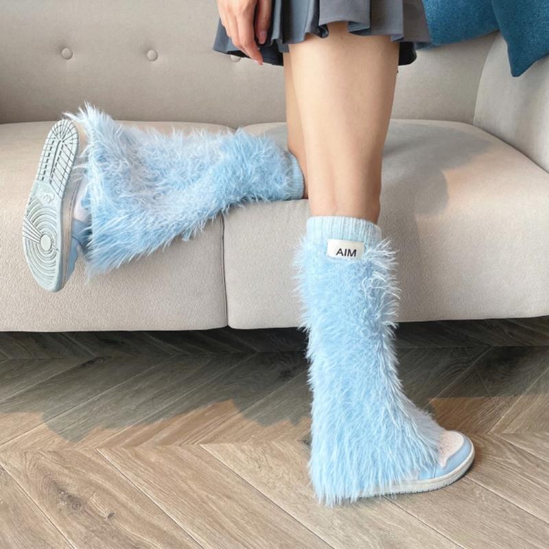 Womens Y2K Girls Winter Furry Leg Warmer wtih Drawstring Harajuku Letter Label Furry Plush Flared Boot Cover Long Socks