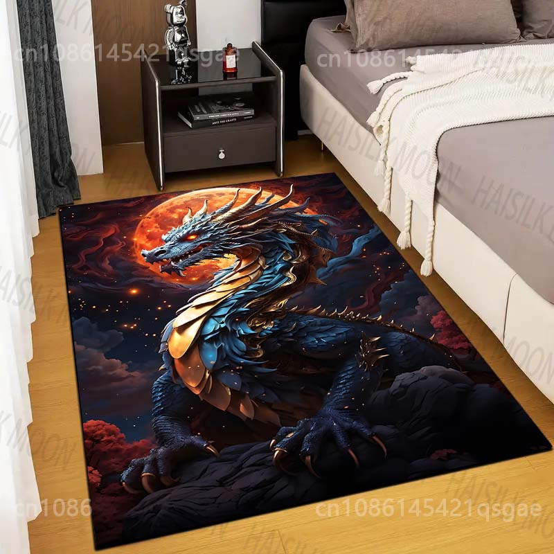 Multiple sizes Blue dragon with full moon Print Carpet Rug for Living Room Bedroom Sofa Doormat Home Decor Non-slip Floor Mat