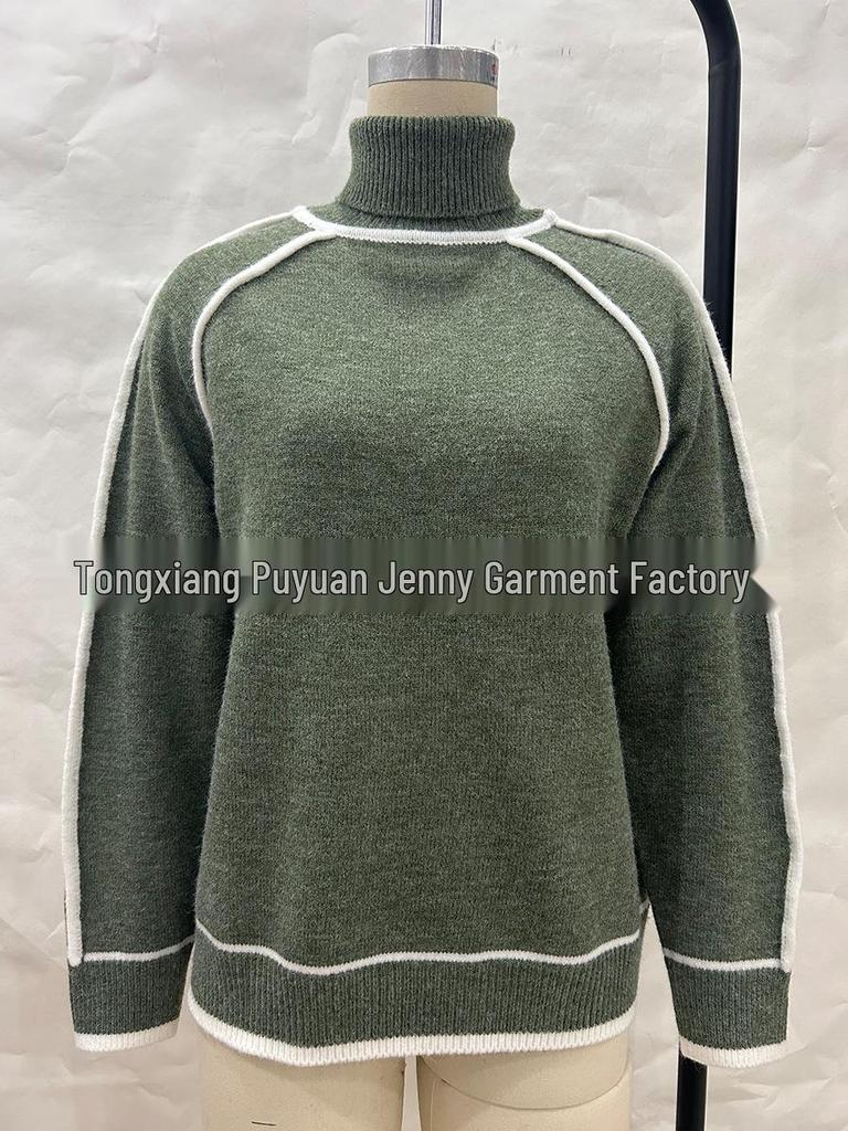 Autumn Winter Women's High Neck Color Block Raglan Sleeve Loose Sweater
