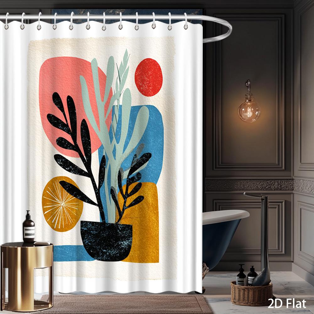 Abstract Plant & Shape Shower Curtain – Colorful Botanical Art, 2D Flat, Machine Washable, Includes Hooks, Multi-Size
