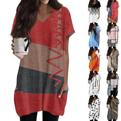 Blusas femininas com decote em V, manga curta, camisas casuais de comprimento médio, estampa da moda, túnicas, tops com bolsos