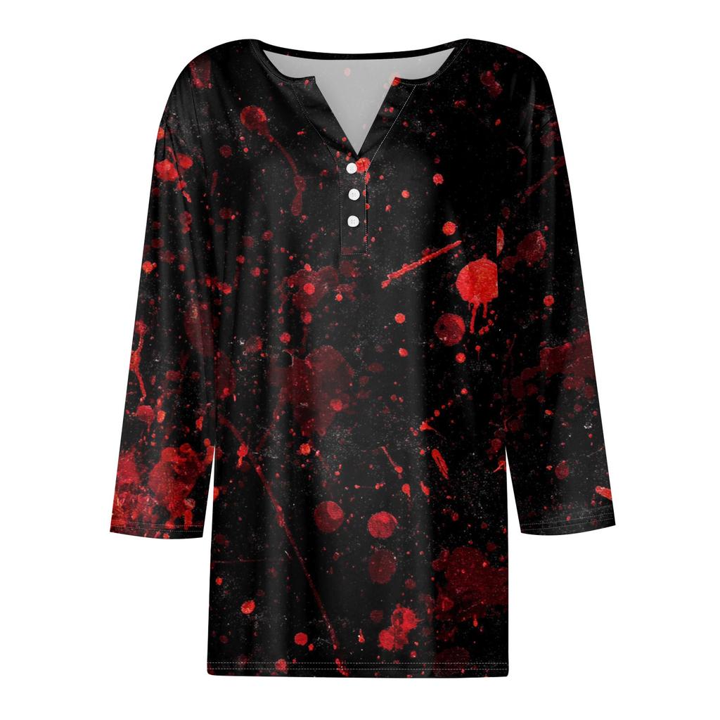 Damesmode Casual Halloween Print V-hals Korte Mouw Decoratieve Knop Driekwart Mouw T-shirt Top