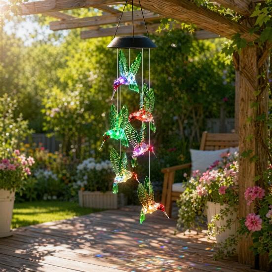 Hummingbird Solar Wind Chime Light, Color Changing Solar Powered Wind Chime, Hanging LED Wind Chime Lamp for Outdoor, Garden, Courtyard Decor