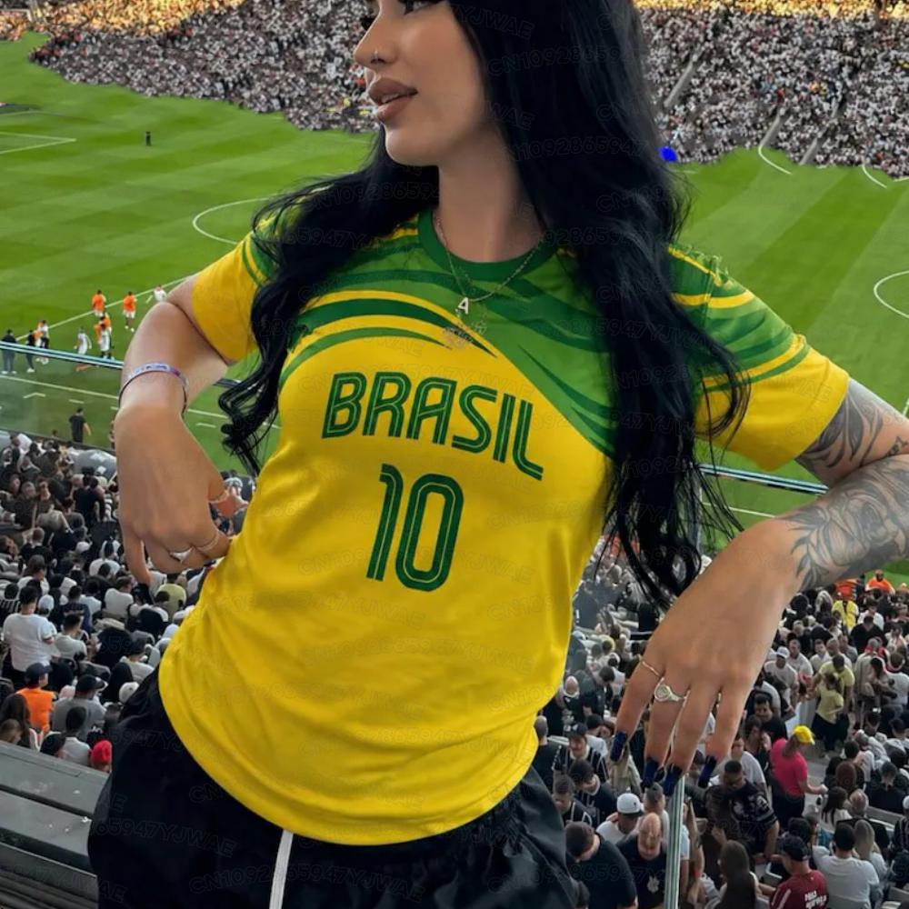 T-shirt Estiva Grafica a Maniche Corte con Scollo a V Stampa Brasile 10 da Donna Uomo Maglie Taglie Forti Maglietta Sportiva