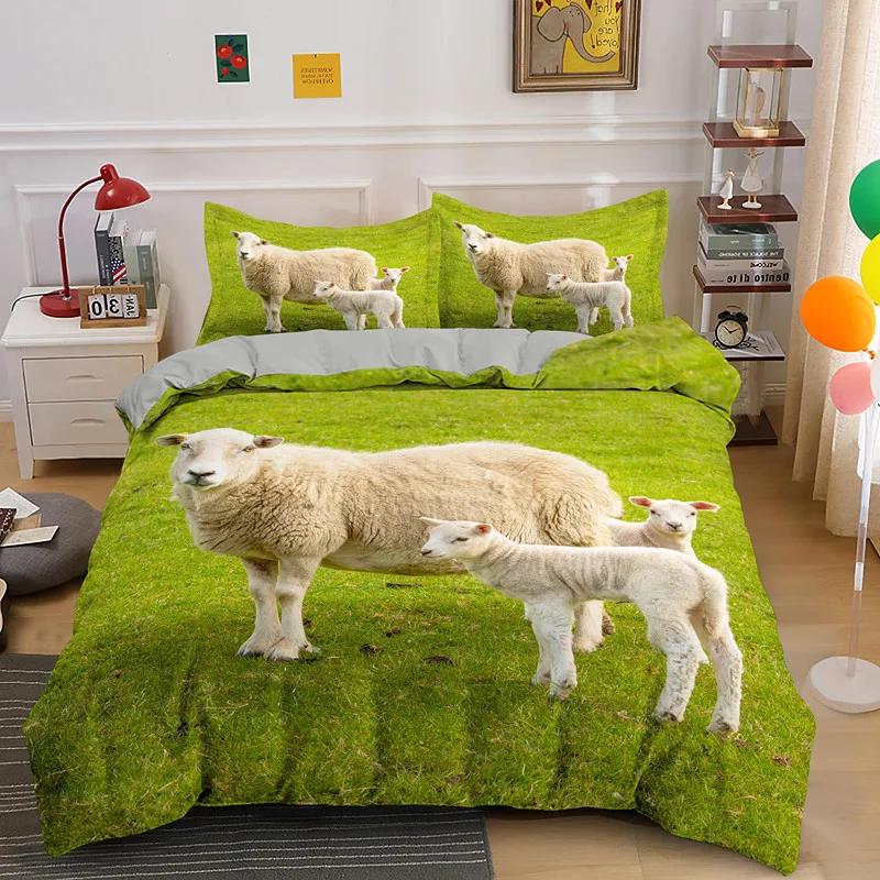 Ovečka Povlak na přikrývku King Queen Size Lovely Farm Animals Povlečení pro děti Teens Dospělí Bílá koza 2/3ks Povlak na polštář Povlak na přikrývku