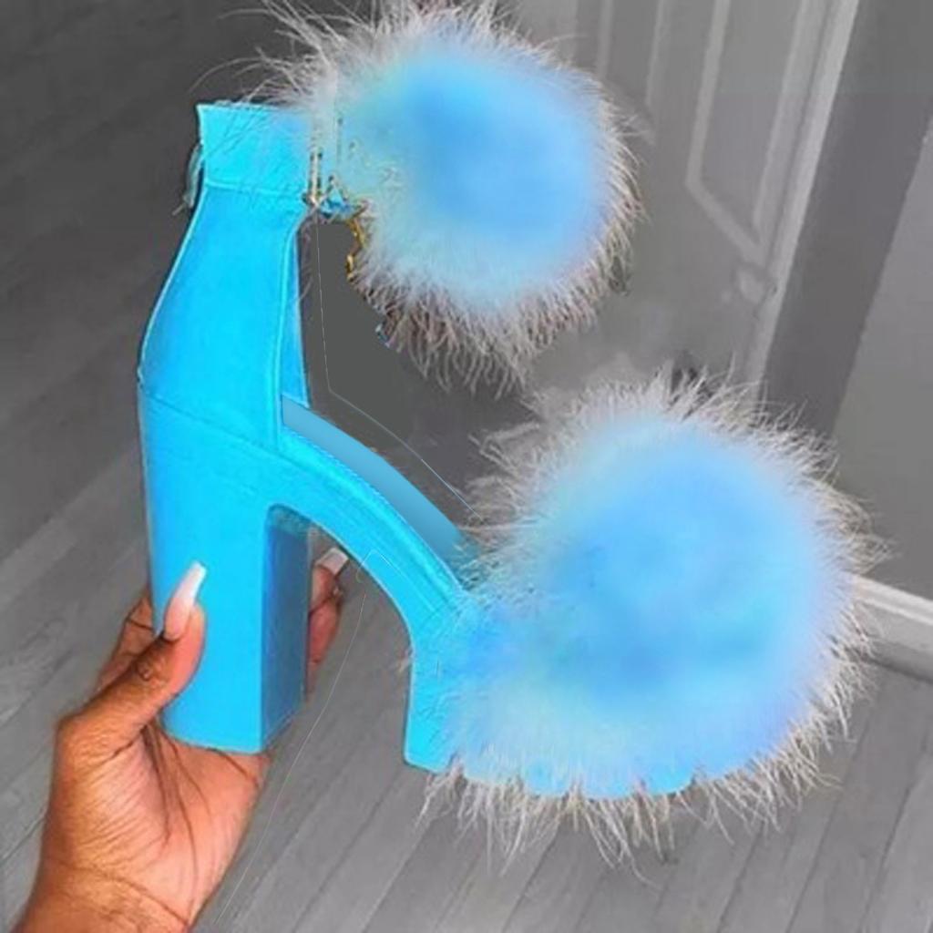 Womens  Faux Furs Chunky Heel Open Toe  Strap High Heeled Sandals