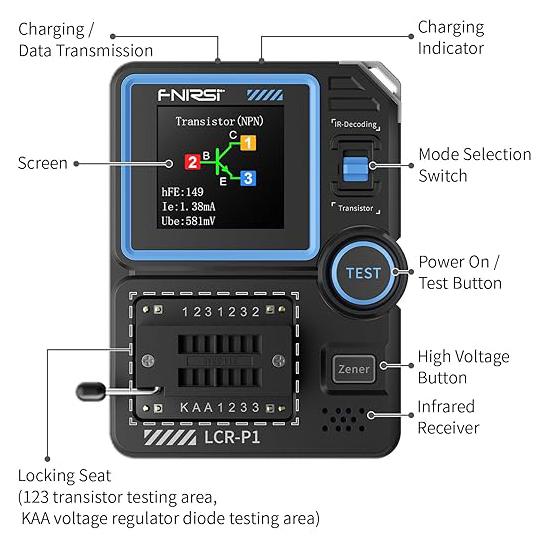 FNIRSI LCR-P1 Transistor Tester, Mosfet Transistor Capacitor Tester, SMD Electronic Component Tester
