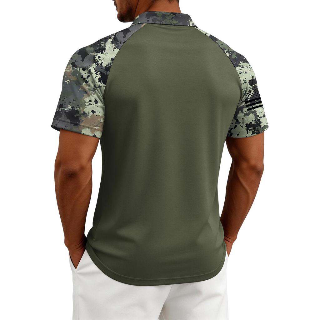 Men Short Sleeve Polo Shirt Button Down Printed Patchwork Design Classic Fit Lightweight Breathable Top