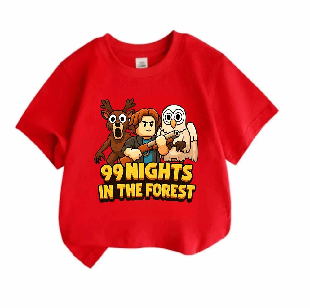 Kids Boys Girls 100% Cotton Crew Neck Short Sleeve T-Shirt, Funny 99 Nights In The Forest Cartoon Print Casual Soft Tee Tops for Children Daily Wear