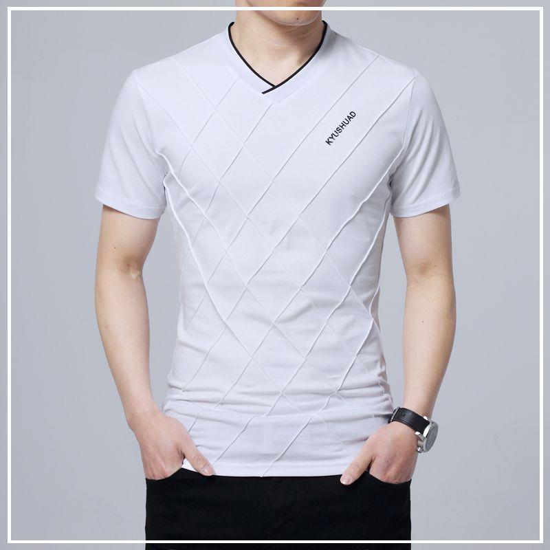 New Summer Slim Fit Korean Version V-neck Letter Print 3D Checkered Casual Oversized Elastic Short Sleeved T-shirt for Men