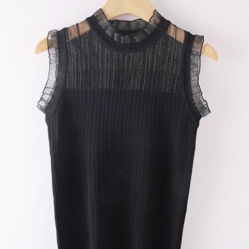 Gilet Tricoté Sans Manches en Dentelle Élégant avec Col Haut en Maille Chemise de Base pour Femme pour le Port Intérieur