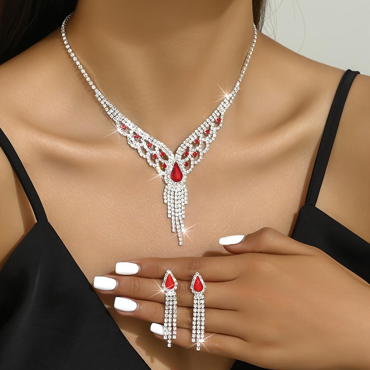 

Женский комплект из 3 серег и ожерелья, элегантный комплект ювелирных изделий с серебряным покрытием, инкрустированный стразами синего или красного цвета, идеальный праздничный подарок для женщин