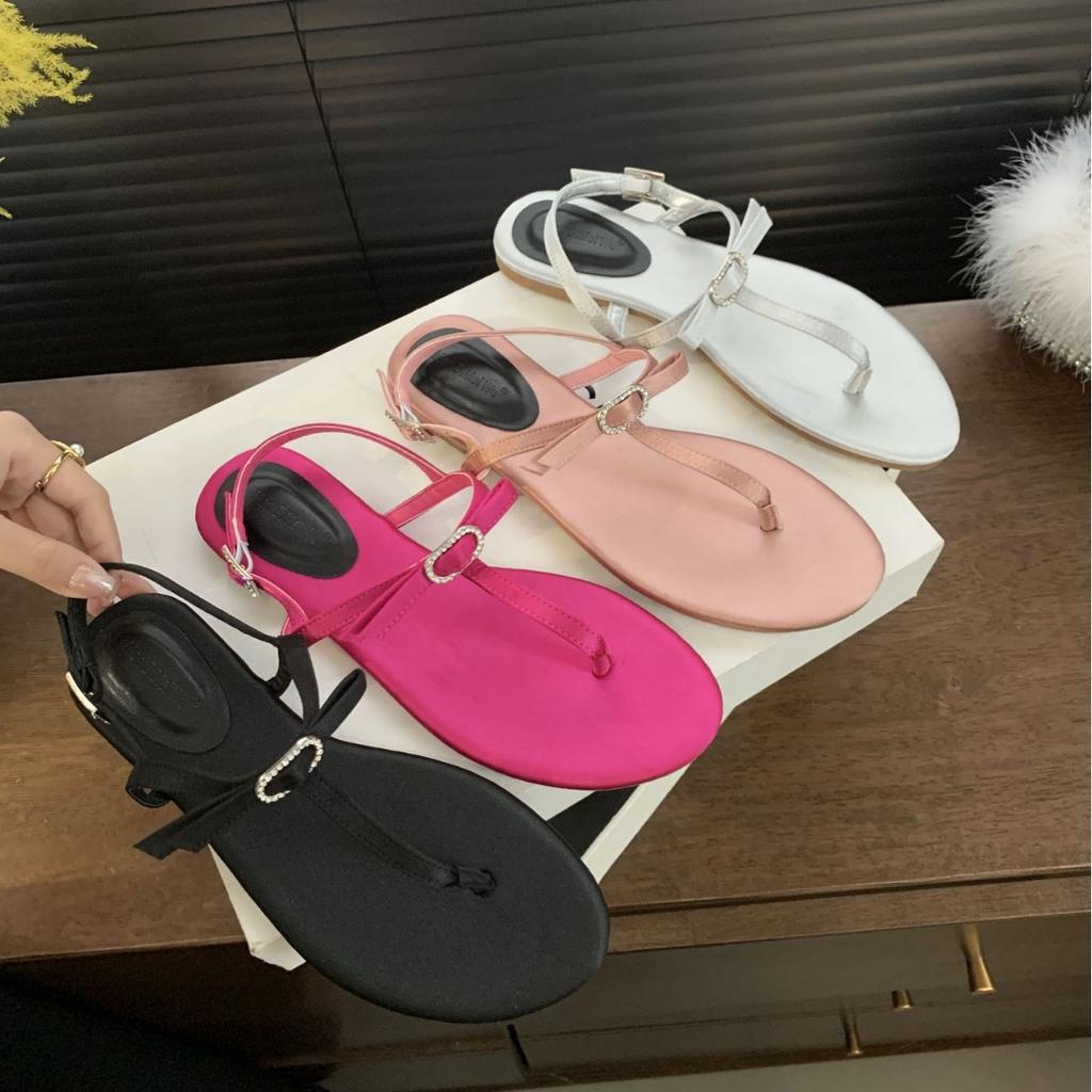 2025 New Fashion Roman Summer Satin Toe Thin Belt Beach Vacation Fairy Rhinestone Bow Women's Sandals