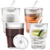 4 Pcs 16 Oz Iced Coffee Cups Ripple Glass Drinking Tea Juice Cup With Lids Straws Ribbed Clear Glasses Cups Reusable Water Glass