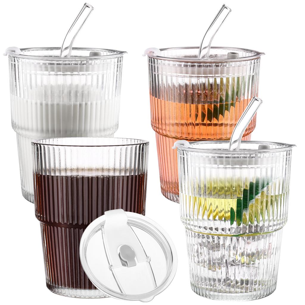 4 Pcs 16 Oz Iced Coffee Cups Ripple Glass Drinking Tea Juice Cup With Lids Straws Ribbed Clear Glasses Cups Reusable Water Glass